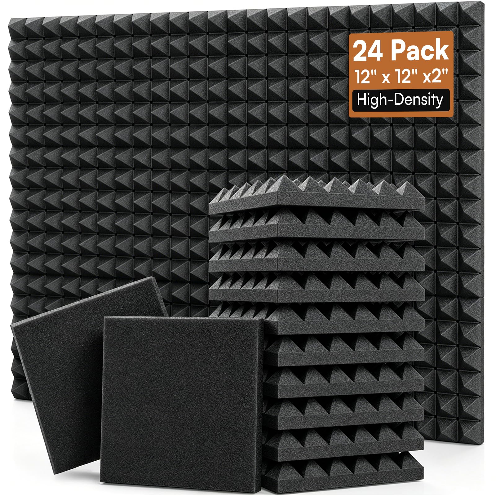 24 Pack 2” Thick Pyramid Acoustic Foam, Sound Proof Foam Panels for Walls | High