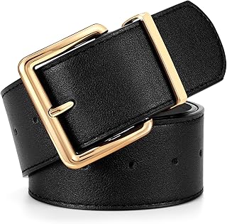 LEACOOLKEY Women Wide Leather Belt for Dresses Thick Chunky Belt with Big Gold Buckle Fashion Ladies Belt for Jeans