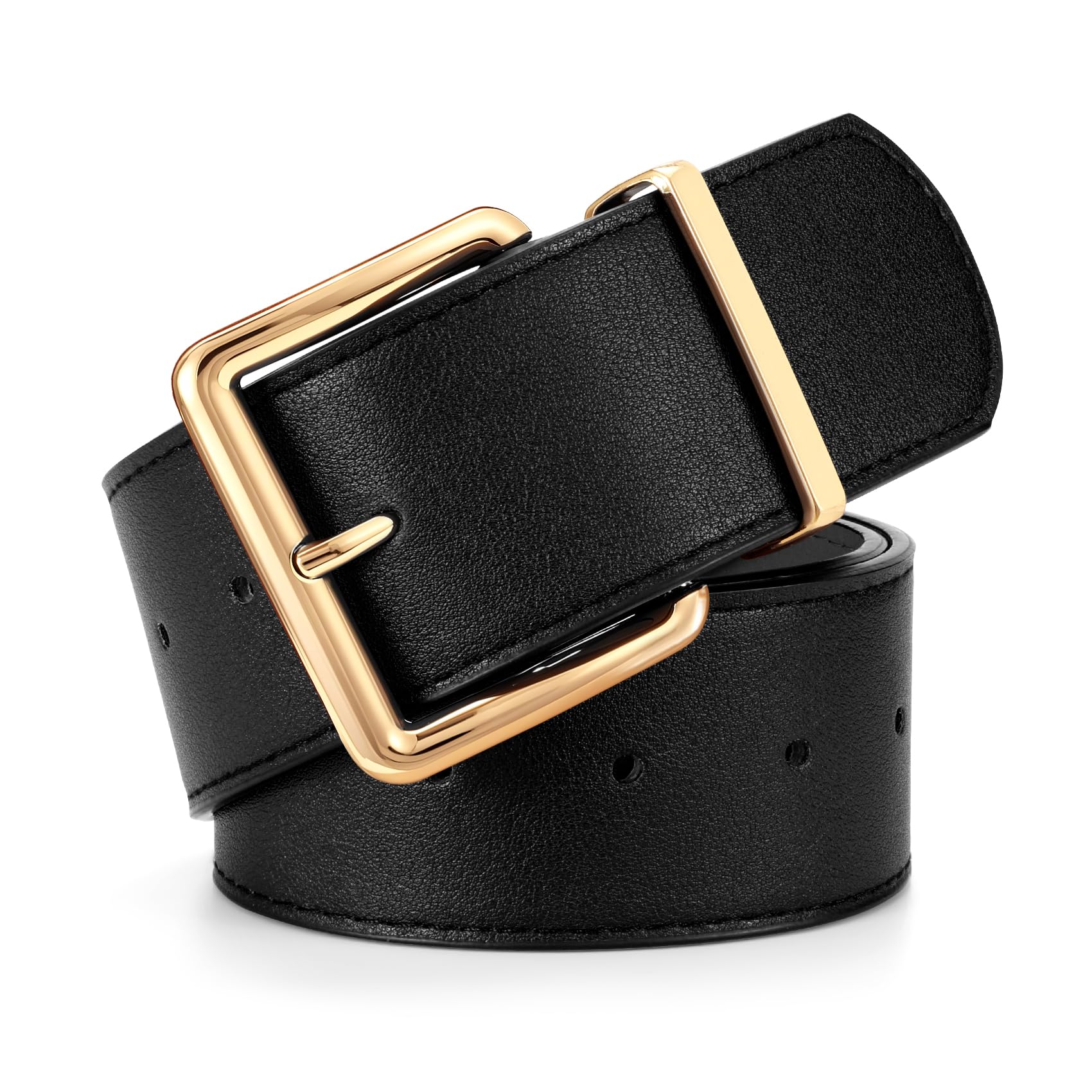 LEACOOLKEY Women Wide Leather Belt for Dresses Thick Chunky Belt with Big Gold B