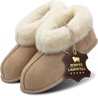 Rohn Moden Lambskin Chalet Slippers for Men and Women, Slipper with Soft Leather Sole, Warm House Boots for Adults in Top Quality, Beige