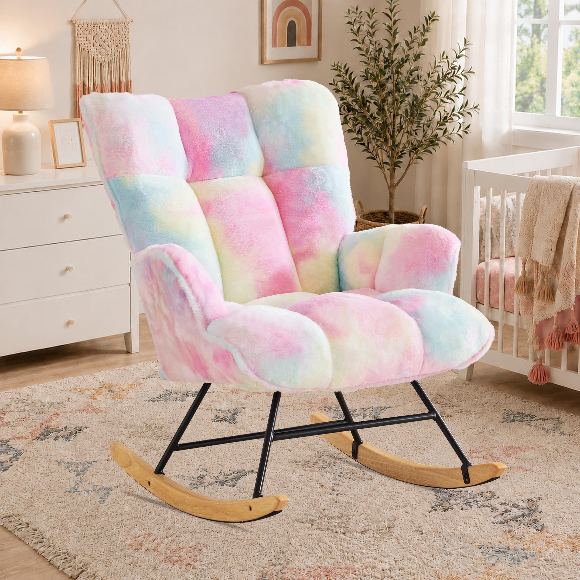 SAETSFEG Rocking Chair Nursery Teddy, Upholstered Glider Nursing Chairs, Colorfu