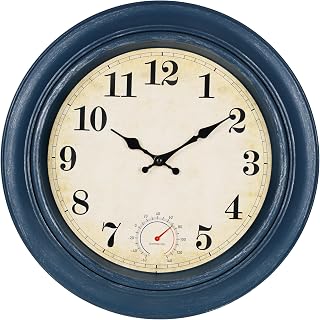 Horizent Large Outdoor Clocks Waterproof with Thermometer Combo Rustic Coastal Wall Clock Decor for Patio Pool Bathroom (18 Inch,Blue)