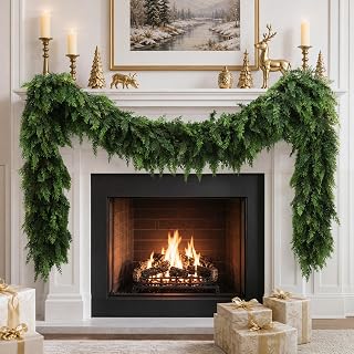 Cedar Garland for Christmas Mantle - 9ft Real Touch Pine Garland | Thick Faux Artificial Greenery Garland for Indoor Outdoor Mantle Fireplace Staircase Banister Door Porch Window Table