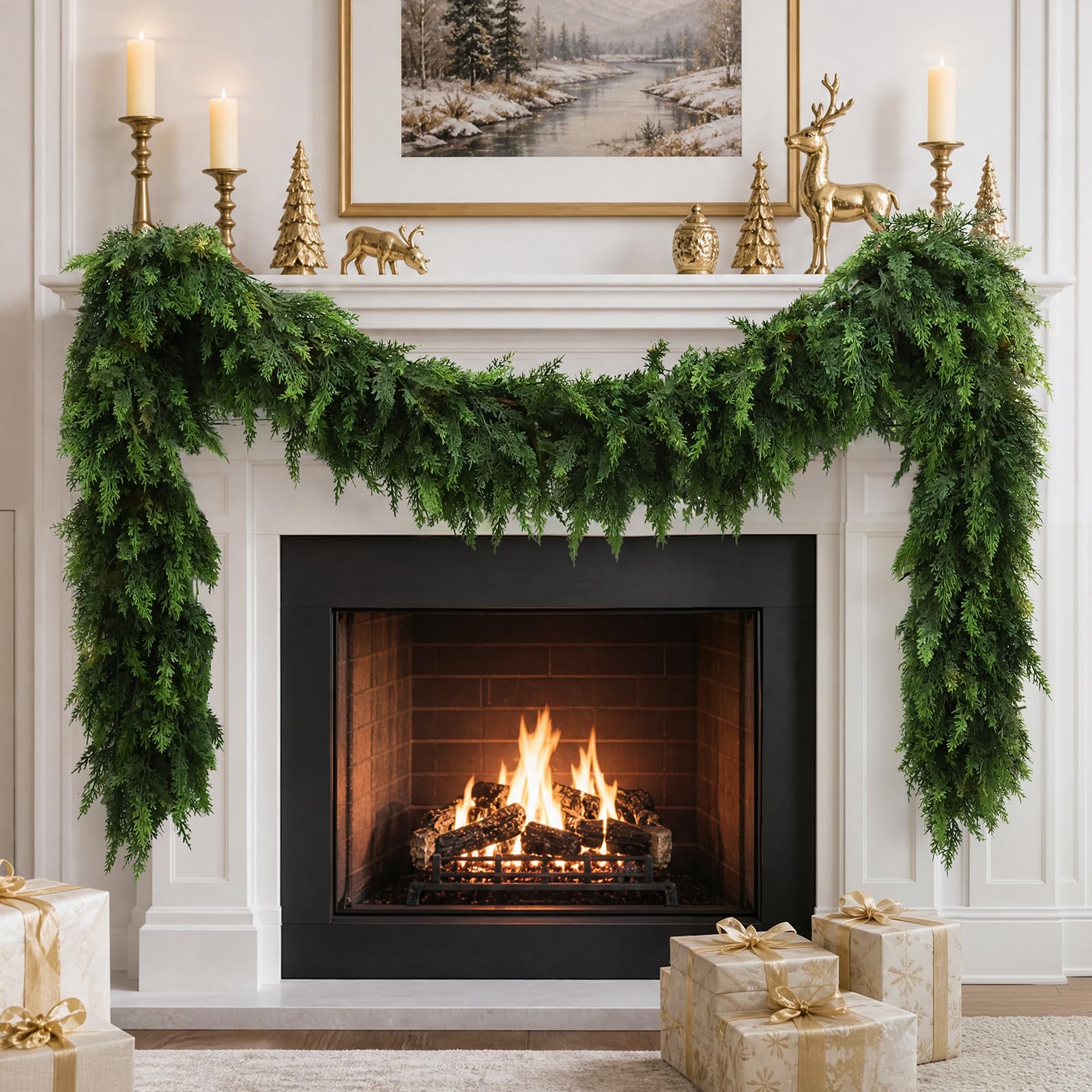 Cedar Garland for Christmas Mantle - 9ft Real Touch Pine Garland | Thick Faux Ar