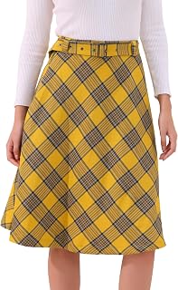 Allegra K Women Vintage Plaid Tartan High Waist Belted A-Line Midi Skirt