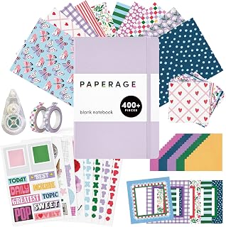 PAPERAGE Junk Journal &amp; Scrapbook Kit, Hardcover Blank Journal Notebook, 20 Patterned Papers, 8 Sticker Sheets, 20 Die-Cut Shapes, 2 Washi Tapes &amp; Tape Roller, Creative Journaling Supplies - Lavender