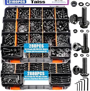 Taiss 3160PCS Metric Flange Bolt Assortment Kit,Nuts and Bolts Assortment Kit M2 M3 M4 M5 M6x1.0 M8x1.25 M10x1.5 Bolt(4-45mm) 42 Sizes Hex Socket Button & Cap Head Metric Screw 10.9 Black Zinc Plated