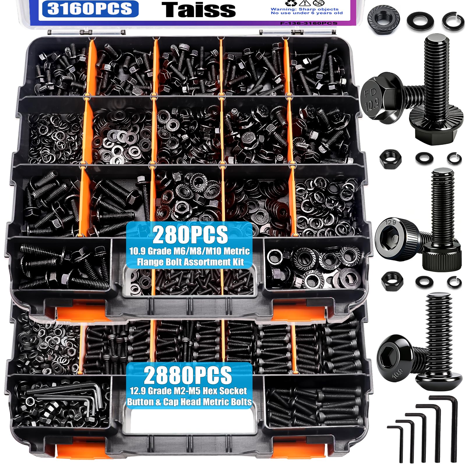 Taiss 3160PCS Metric Flange Bolt Assortment Kit,Nuts and Bolts Assortment Kit M2