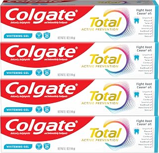 Colgate Total Whitening Toothpaste Gel with Fluoride, Bulk 4 Pack, 5.1 oz | Mint Flavor, Antibacterial, Antigingivitis, Antisensitivity, Stain Removal, Strengthens Enamel, Freshens Breath