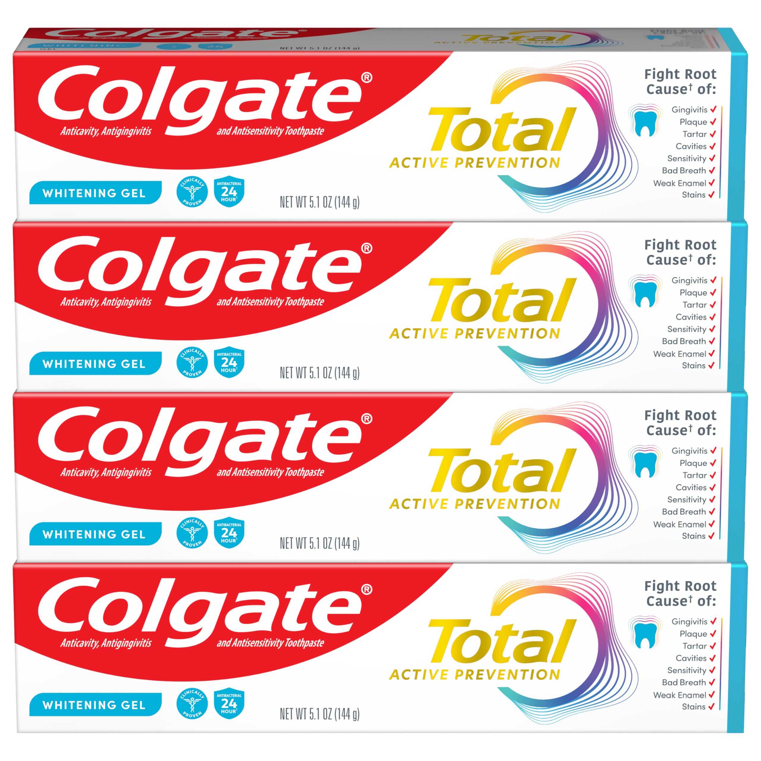Colgate Total Whitening Toothpaste Gel with Fluoride, Bulk 4 Pack, 5.1 oz | Mint