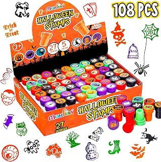 Max Fun 108Pcs Halloween Assorted Stamps for Kids Party Favors Supplies | 27 Designs, 5 Colors Trick or Treat Stamps for Goodies Bags, Classroom Reward, Halloween Prizes