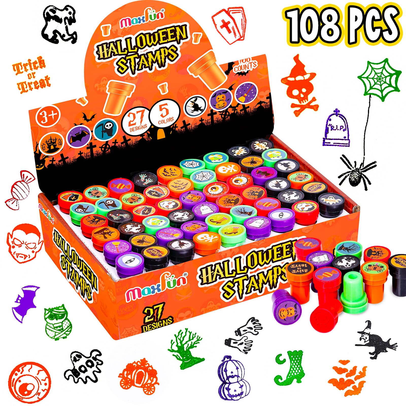 Max Fun 108Pcs Halloween Assorted Stamps for Kids Party Favors Supplies | 27 Des