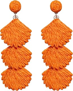 Raffia Dangle Earrings for Women - Boho Statement Rattan Drop Jewelry with Shell Design, Lightweight Summer Beach Trendy Accessories