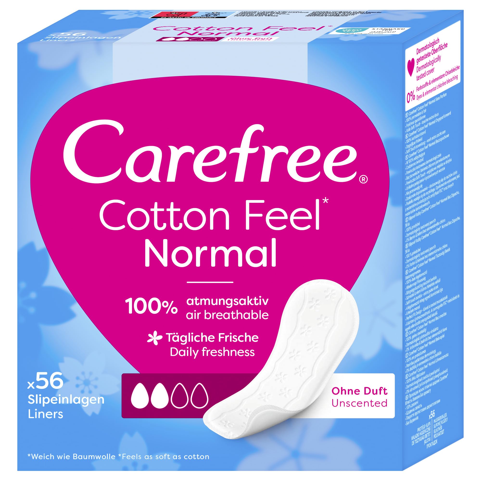 Carefree Cotton Unscented Panty Liners (1x Pack of 56), Soft and Comfortable Pan