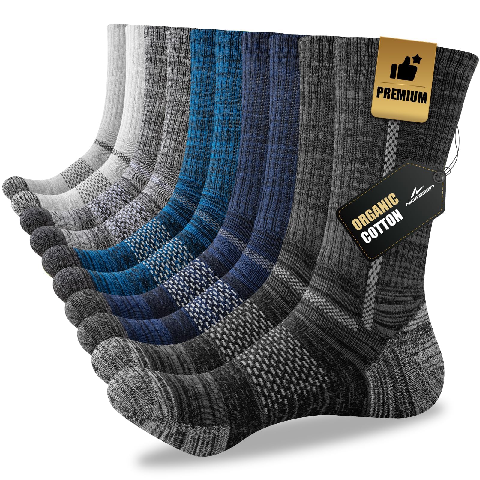 Niorasen Men's Cotton Crew Work Socks, 5 Pairs, Cushioned | 78.6% cotton crew so