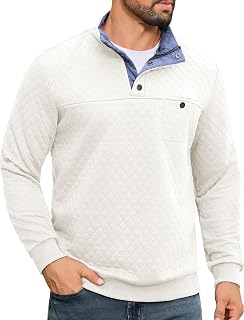 URRU Sweat-shirt matelassé contrasté pour homme, col montant, manches longues, quart de boutonnage, pull d'automne