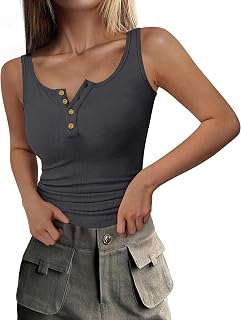 DUOEASE Women's Black Ribbed Tank Top with Buttons Round Neck T Shirt Women's Sleeveless -2XL