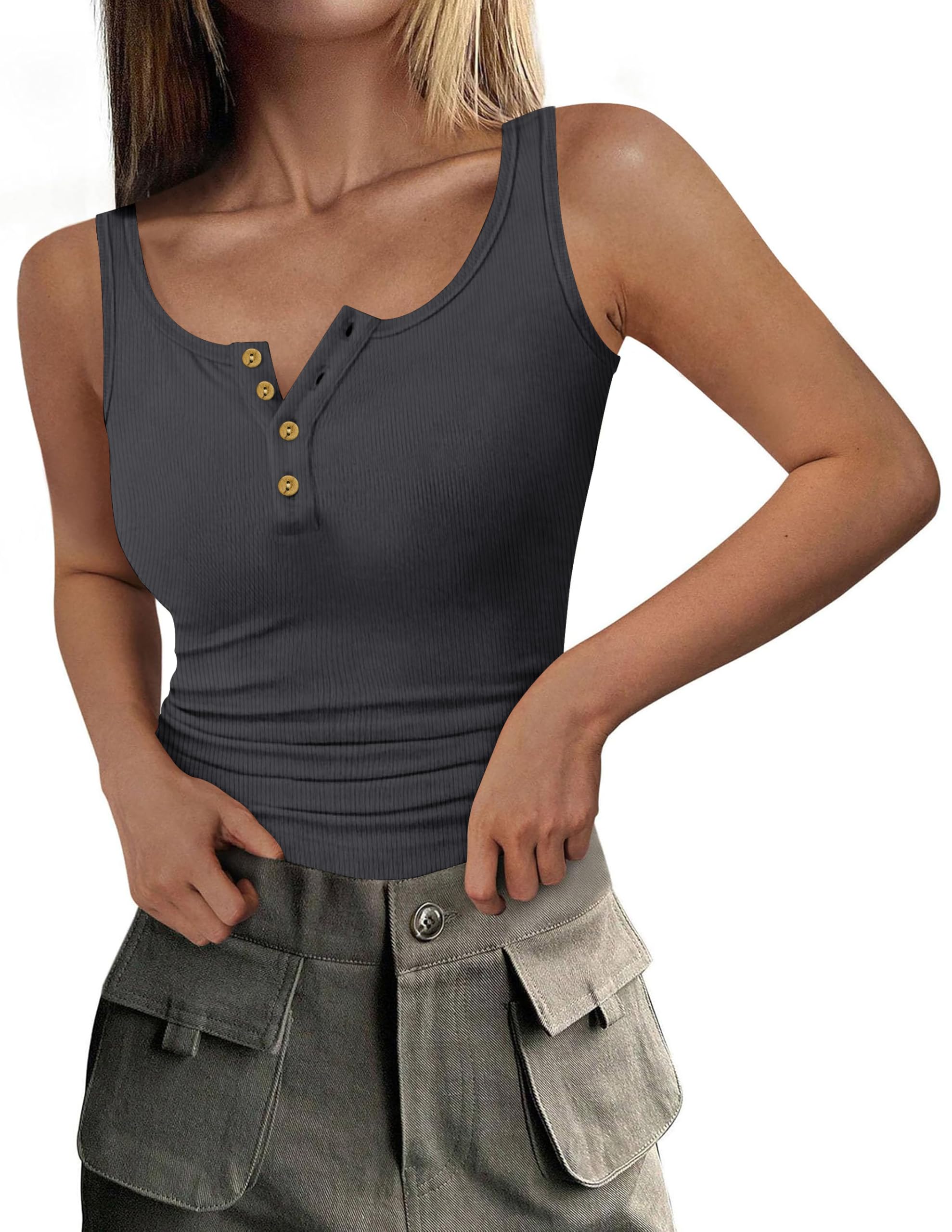 DUOEASE Women's Black Ribbed Tank Top with Buttons Round Neck T Shirt Women's Sl
