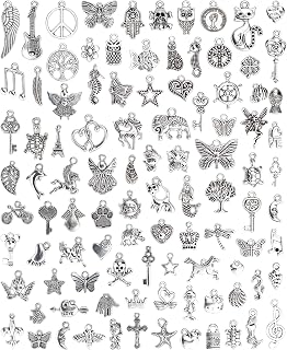 JIALEEY Wholesale Bulk Lots Jewelry Making Silver Charms Mixed Smooth Tibetan Silver Metal Charms Pendants DIY for Necklace Bracelet Jewelry Making and Crafting, 100 PCS