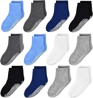 Toddler Non Slip Socks 12 Pairs Anti Skid Toddler Socks Toddler Grip Crew Socks for 1-10 Years Boys Girls Kids