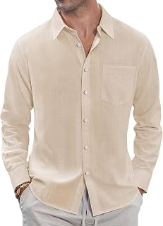 J.VER Mens Cotton Linen Button Down Shirts Lightweight Casual Long Sleeve Summer Beach Shirts with Pocket