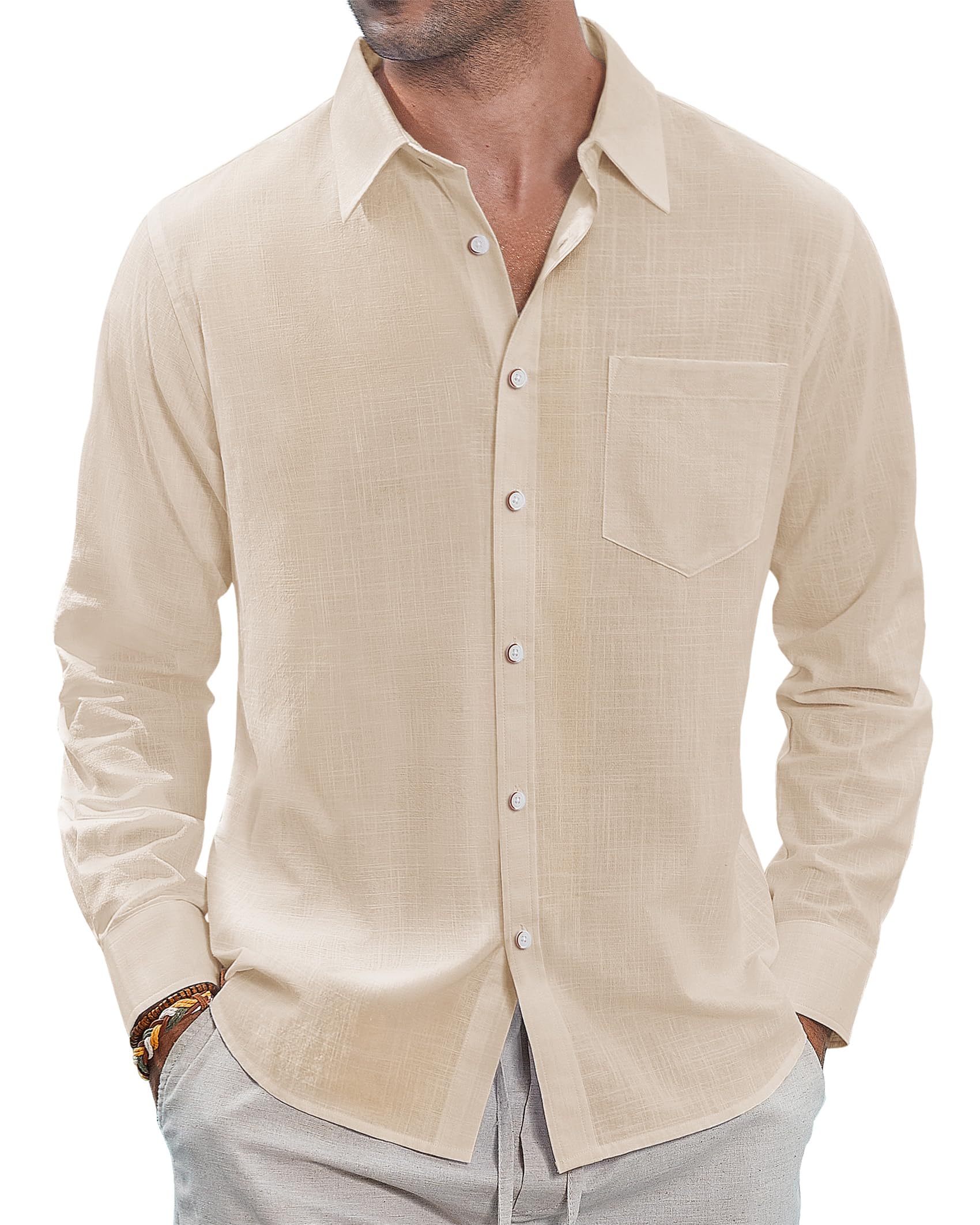 J.VER Mens Cotton Linen Button Down Shirts Lightweight Casual Long Sleeve Summer