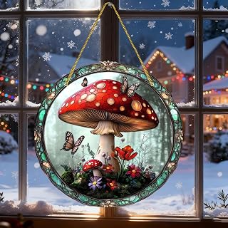 Presasole, Home Decor, Stained Acrylic Window Hanging Round Wall Ornament Decorative Wall Ornament for Living Room, Bedroom, Garden, Porch, 20x20CM, Multicolor Mushroom 2