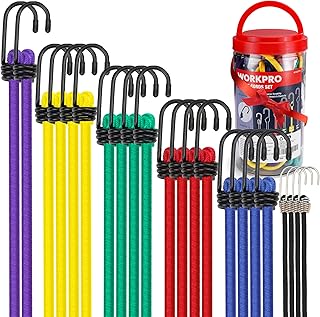 WORKPRO Bungee Cords with Hooks, Heavy Duty Outdoor Bungee Strap, 22-Piece | in a Storage Jar, 10", 18", 24", 30", 36", 48" Bungie Cord Bundle Assortment with Steel Hook, for Luggage, Cargo, Multi-Color