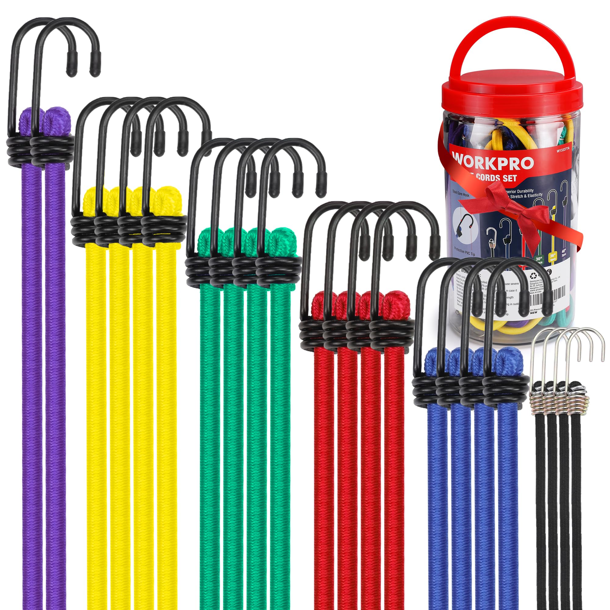 WORKPRO Bungee Cords with Hooks, Heavy Duty Outdoor Bungee Strap, 22-Piece | in 