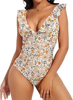 SHAPERIN Women's Ruffle One Piece Swimsuits Tummy Control Bathing Suit Sexy V Neck Swimwear Adjustable Straps