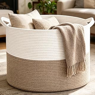 HZFTJOY Large Woven Blanket Basket,65L Cotton Rope Laundry Basket | Collapsible Nursery Storage Bin with Sturdy Handles for Clothes, Toys, Pillows, Living Room Bedroom Bathroom - White & Brown