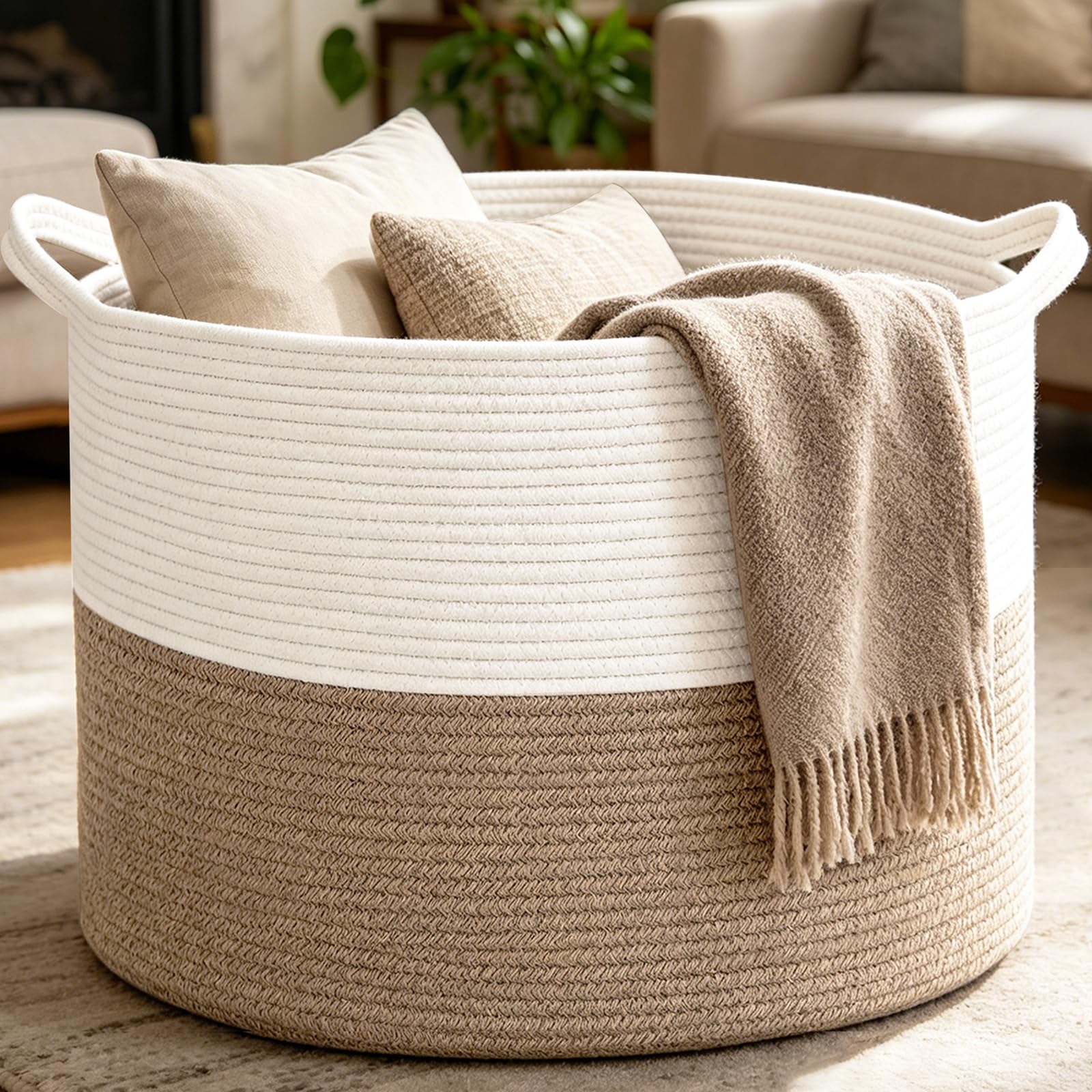 HZFTJOY Large Woven Blanket Basket,65L Cotton Rope Laundry Basket | Collapsible 