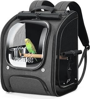 Pecute Bird Backpack Carrier with Standing Perch for Small Parrot, Grey | Transparent window, breathable design with comfy mat, ideal for vet visit, shopping and outdoor adventures