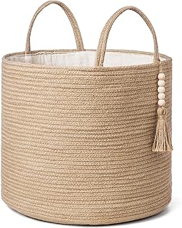 Mkono Woven Storage Basket Decorative Natural Rope Basket Wooden Bead Decoration for Blankets,Toys,Clothes,Shoes,Plant Organizer Bin with Handles Living Room Home Decor, Jute, 16" W × 13.8" L