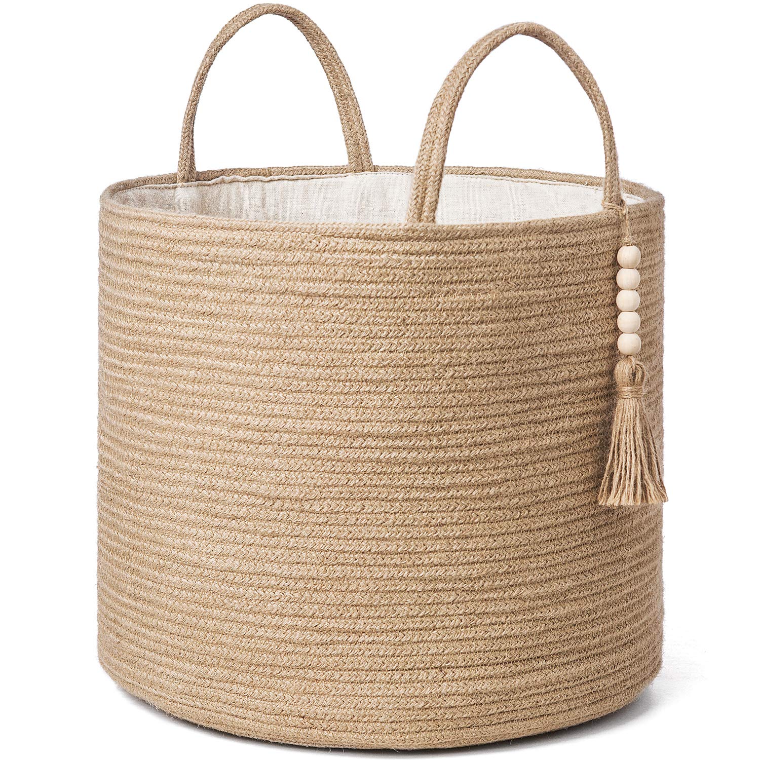 Mkono Woven Storage Basket Decorative Natural Rope Basket Wooden Bead Decoration