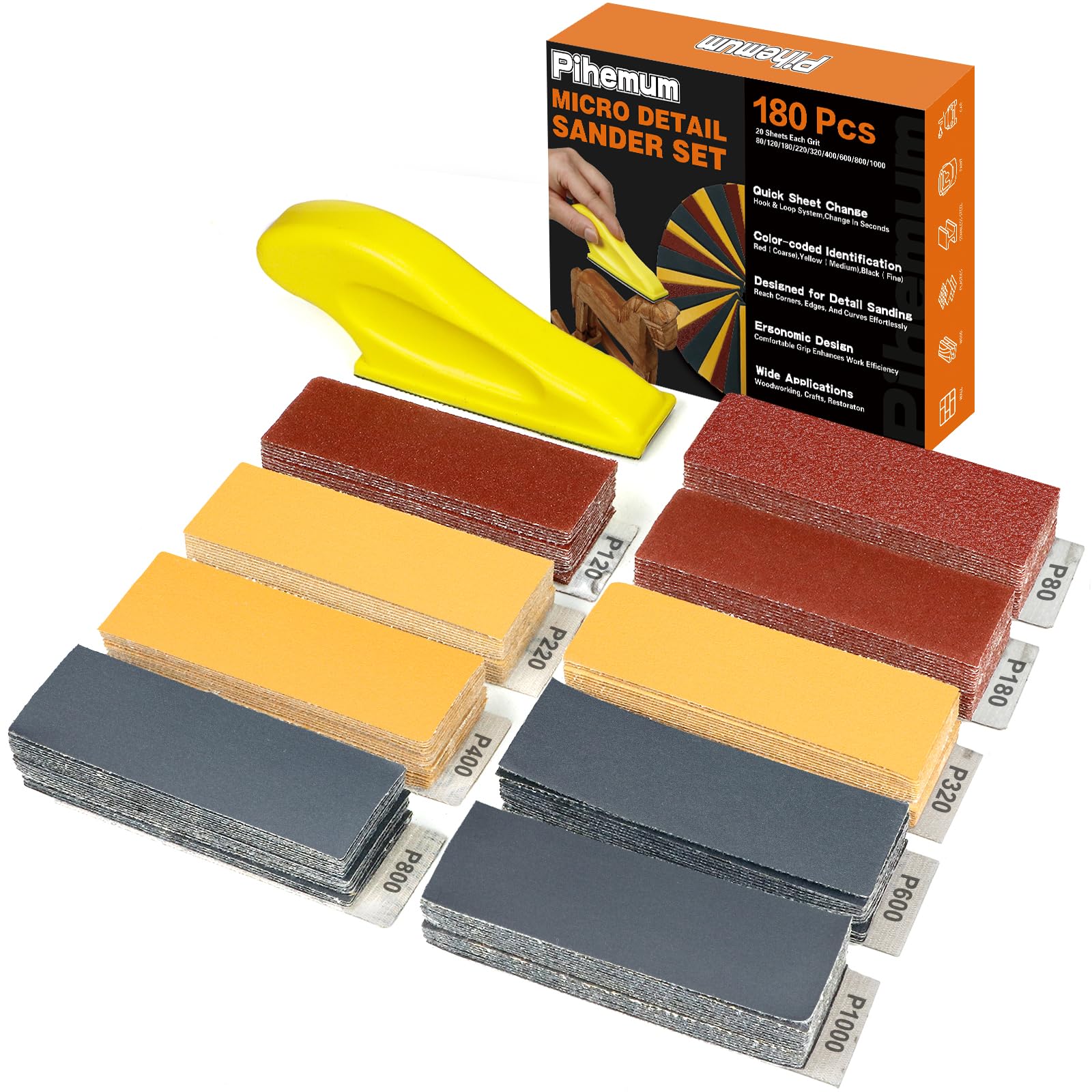 180 PCS Mini Detail Sanding Kit, 80-1000 Grit Sandpaper with Finger Sanding Bloc