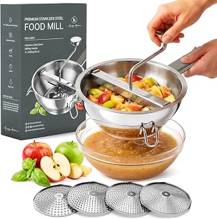 Premium 4-Disc Stainless Steel Food Mill – Ergonomic Rotary Hand Crank for Tomato Sauce, Canning, Applesauce, Baby Food, Mashed Potatoes, Puree & Jams