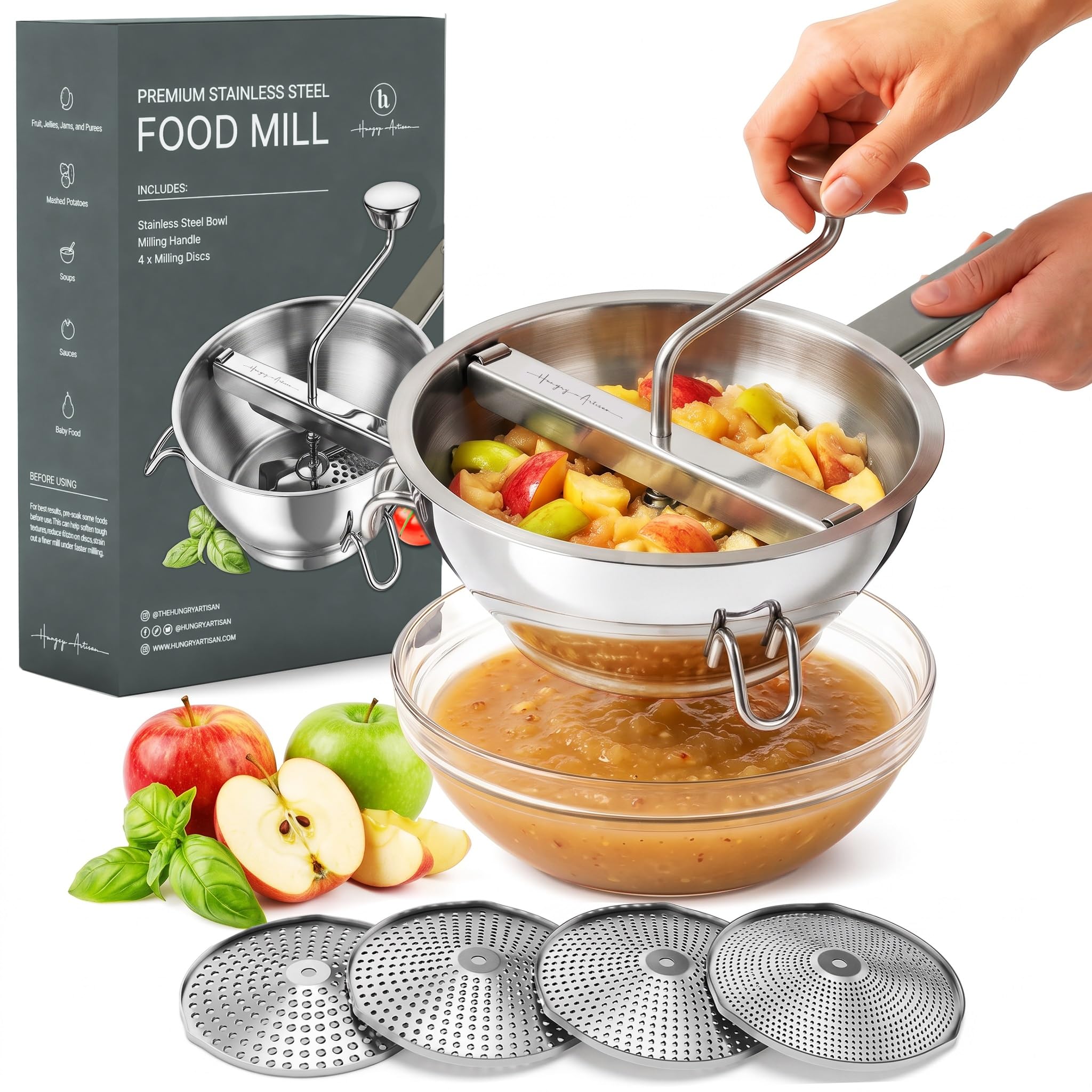 Premium 4-Disc Stainless Steel Food Mill – Ergonomic Rotary Hand Crank for Tomat
