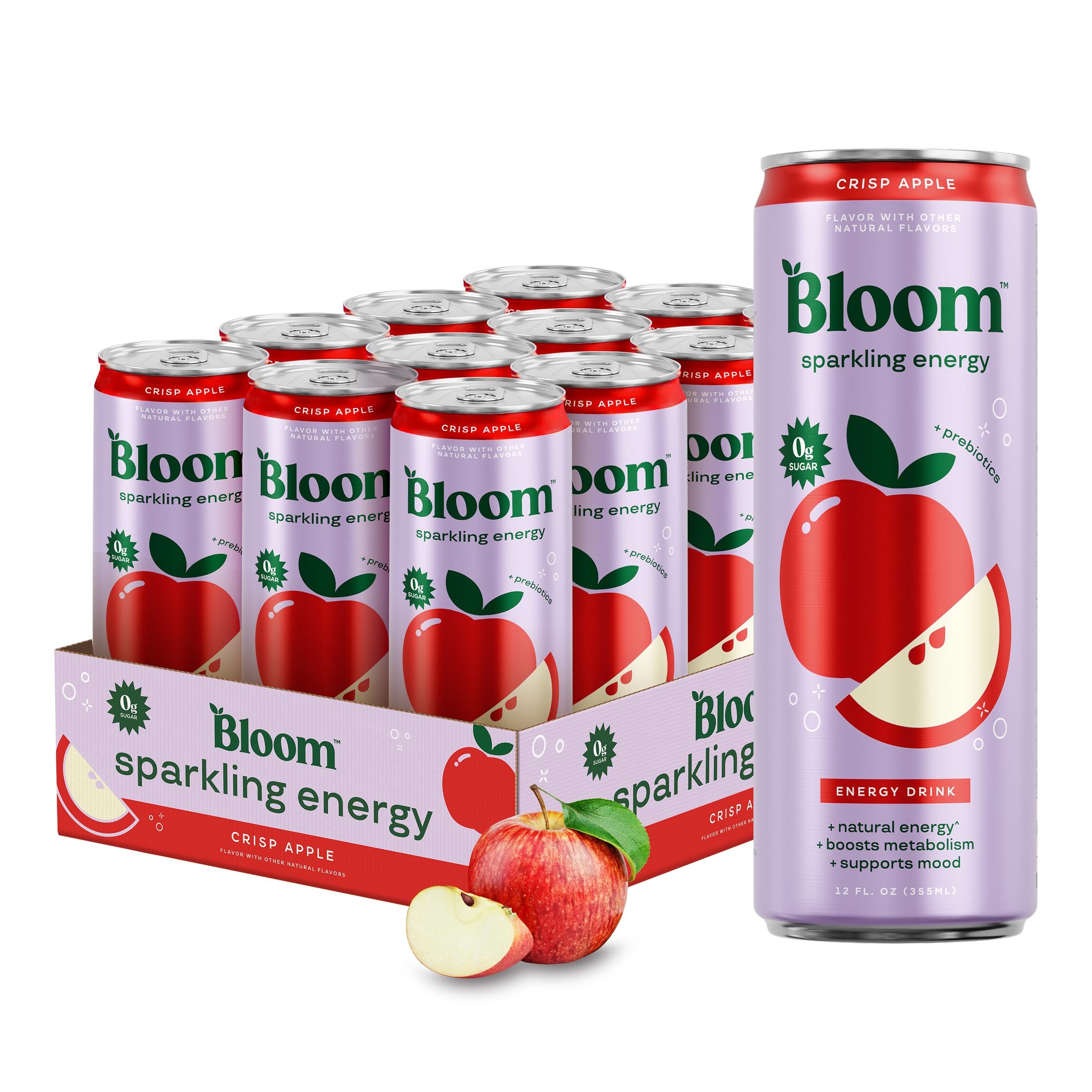 Bloom Nutrition Zero Sugar Energy Drink, Apple Crisp, 12oz 12pk | 180mg natural 