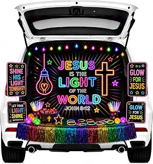Christian Trunk Or Treat Car Decorations Kit, Glow Jesus Trunk Or Treat Decorations includes Religious Jesus Themed Trunk Or Treat Backdrop,Tinesl Curtains,Bible Stickers for Car Archway SUV Garage