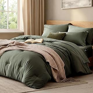 WRENSONGE Olive Green Comforter Set Twin XL, 5 Pieces Soft Dark Green Comforter Twin Size, Twin Comforter, Fitted Sheet, Flat Sheet, 2 Pillow Shams, 2 Shams