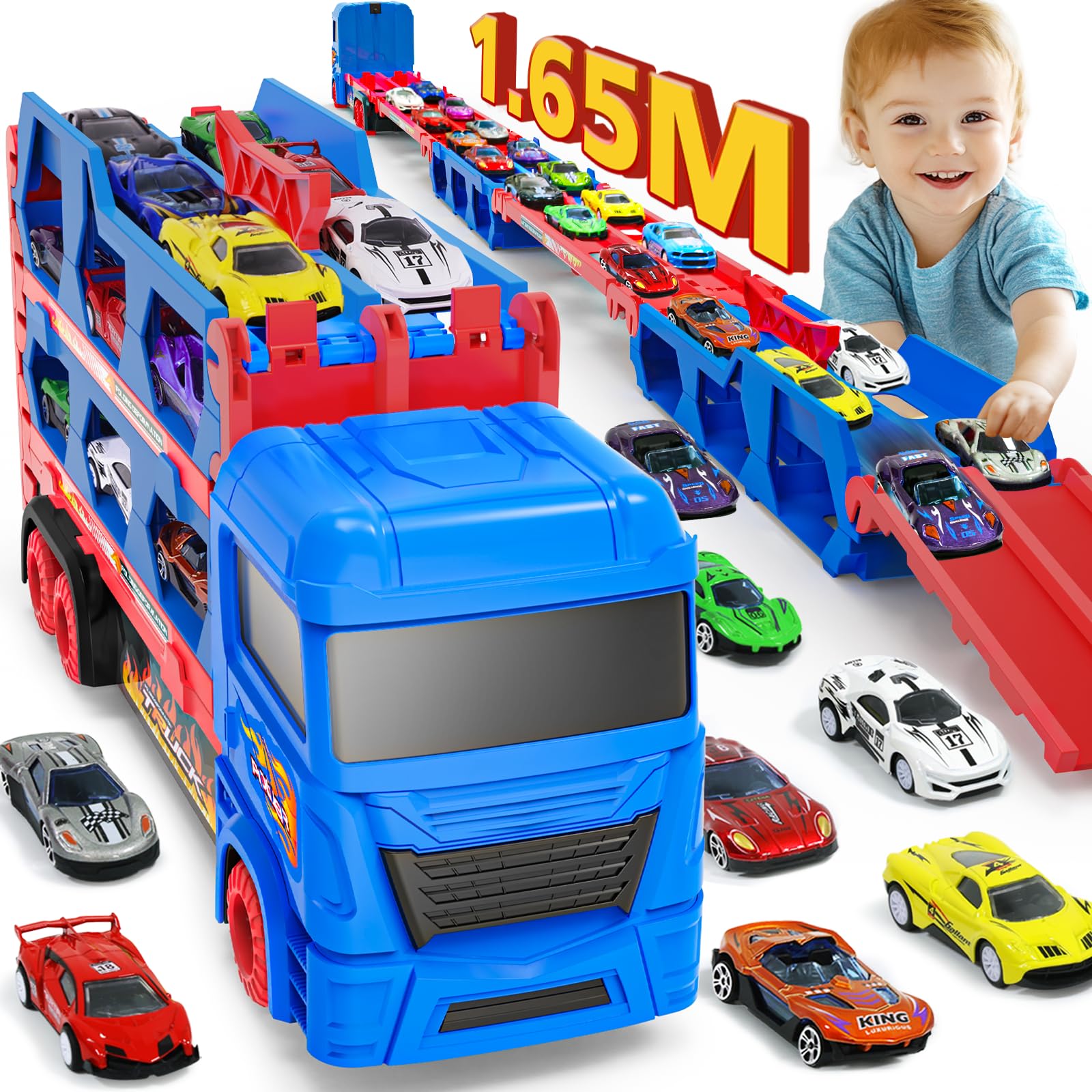 Carrier Truck Toys for Kids, 65inch & FoldableTransporter Truck Toy with 10 Cars