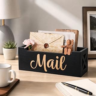 BOTOP Wooden Mail Organizer Countertop | Farmhouse Mail Holder for Wall, Rustic Desk Mail Sorter Basket Letter Holder for Home Office Entryway Decor, Black