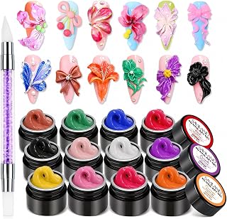 SAVILAND Non-Sticky 3D Sculpting Gel for Nail Art, 12 Colors Black White | No-Wipe, For Hand Carving 3D Art Design, Plant-Based Formula, Soak-Off, With Dual-End Sculpture Pen, Home and Salon Use