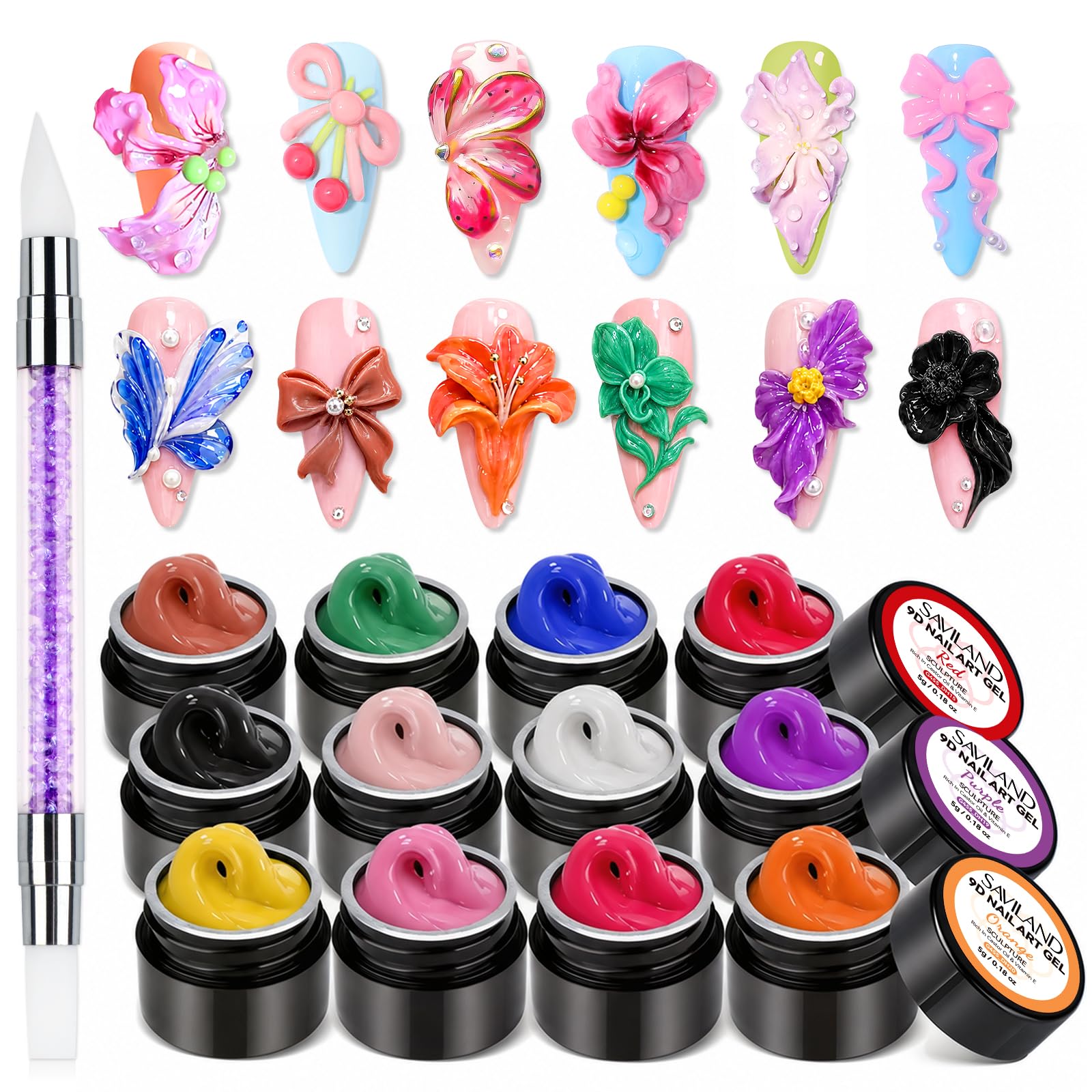 SAVILAND Non-Sticky 3D Sculpting Gel for Nail Art, 12 Colors Black White | No-Wi