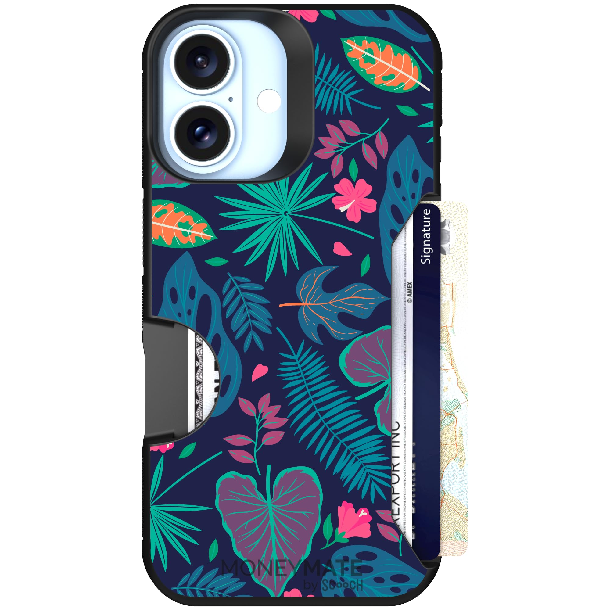Scooch for iPhone 16 Wallet Case Card Holder, Moneymate, Tropical Leaves