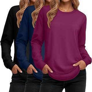 Ficerd Pack of 3 Women's Long Sleeve Tunic Round Neck Cotton Loose Fit Casual Curved Hem T-Shirts