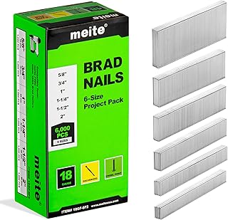 meite 18 Gauge Brad Nails, 6 Sizes (5/8",3/4",1",1-1/4",1-1/2",2") 6,000Pcs | Galvanized Assorted 6 Sizes Small Finishing Nails for Pneumatic, Electric 18GA Brad Nail Gun Nailer, Project Pack