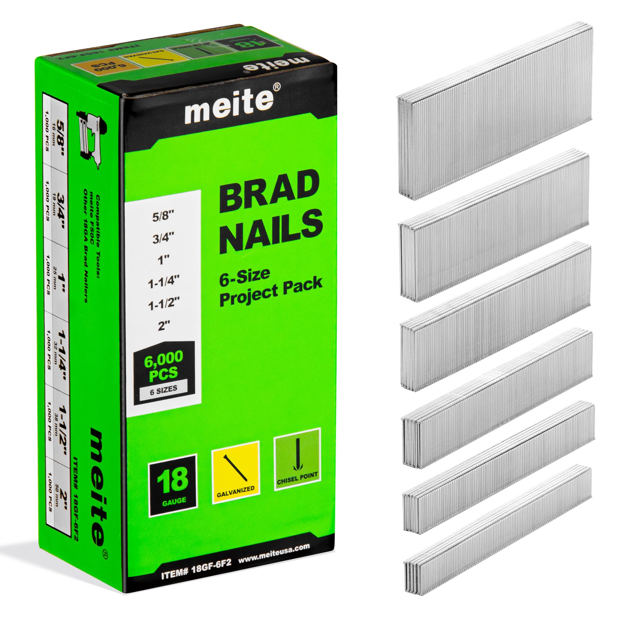 meite 18 Gauge Brad Nails, 6 Sizes (5/8",3/4",1",1-1/4",1-1/2",2") 6,000Pcs | Ga