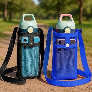2 Pack Water Bottle Holder with Strap, Cross Body Mesh Water Bottle Holder, Adjustable Strap, Perfect for Carrying, Black and Blue
